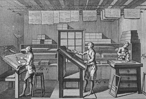 18th century typesetters arranging types called typesetting for letterpress printing in print shop