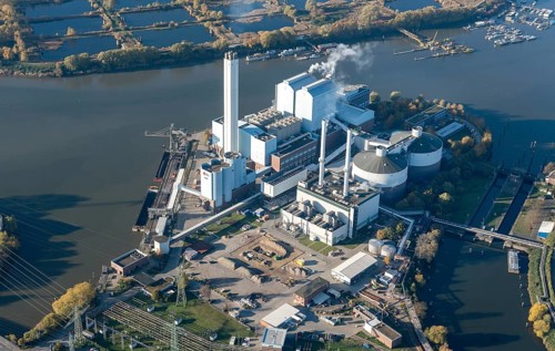 Aerial view of Tiefstack CHP plant with borehole for geothermal energy