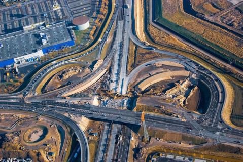 Aerial view of a motorway construction site