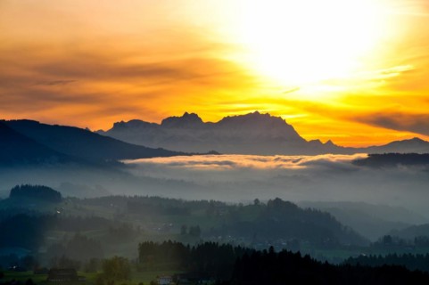 View from the high plateau of Hagspiel in the Allgaeu near Oberstaufen to the massif of the Saentis