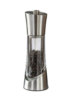 Stainless steel and glass pepper mill isolated on a white background