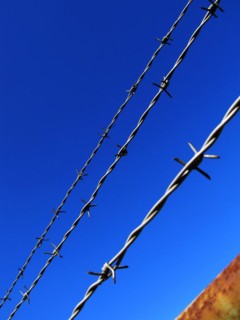 Barbed wire against a blue sky