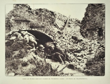 Soldier using telephone at observation post in ruin in Flanders during the First World War