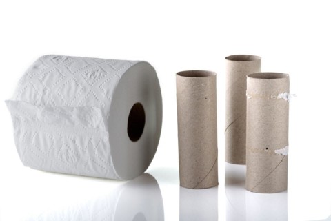 Three empty toilet rolls alongside a new full roll