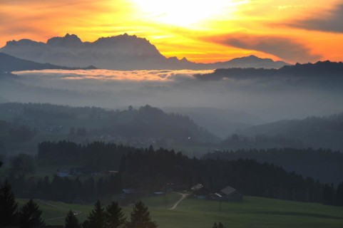 View from the high plateau of Hagspiel in the Allgaeu near Oberstaufen to the massif of the Saentis