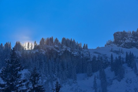 The sun breaks through the high fog at the Riedberg Pass near Obermaiselstein in Allgaeu