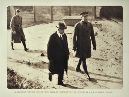 President of France Raymond Poincare meets the Belgian king Albert I and prince Leopold III in Flanders during WWI