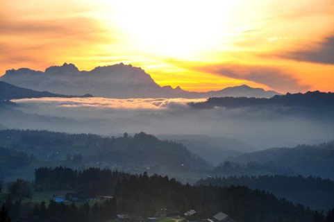 View from the high plateau of Hagspiel in the Allgaeu near Oberstaufen to the massif of the Saentis