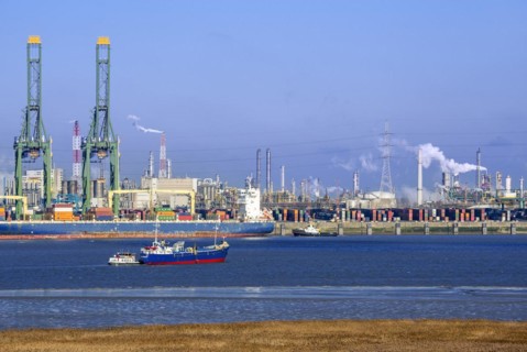 Harbor cranes and container ship docked in the Antwerp harbour