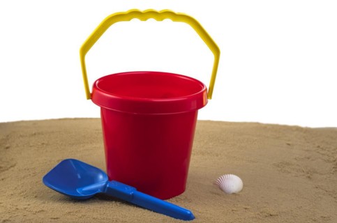 Red bucket and blue spade