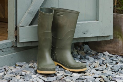 Pair of green wellington boots outside a garden shed