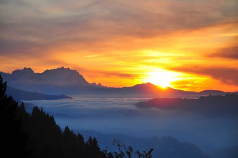 View from the high plateau of Hagspiel in the Allgaeu near Oberstaufen to the massif of the Saentis