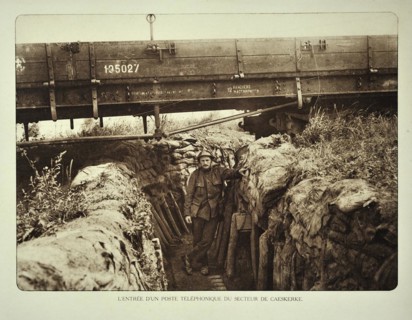 Soldier in trench at communication post under train wagon at Kaaskerke in Flanders during the First World War