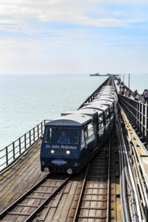 Pier railway train being pulled by the engine Sir John Betjeman