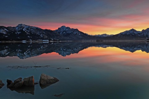 Sunset at the Forggensee with view of the Saeuling near Fuessen
