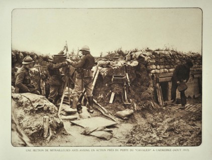 Soldiers in trench armed with anti-aircraft guns at Kaaskerke in Flanders during the First World War