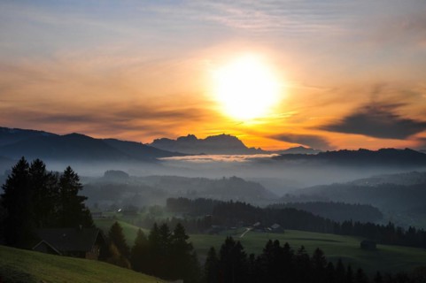 View from the high plateau of Hagspiel in the Allgaeu near Oberstaufen to the massif of the Saentis