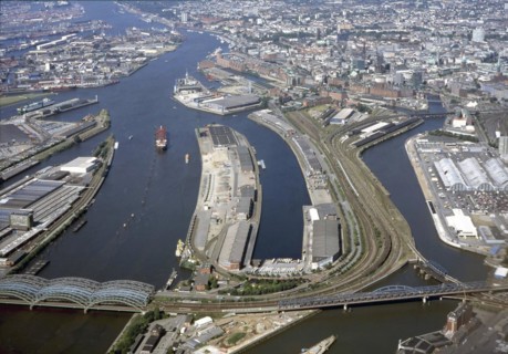 Historical aerial view from the year 2000 of Hamburg's free port which is becoming the Hafencity