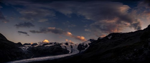 Morteratsch glacier in Bernina group with dramatic clouds