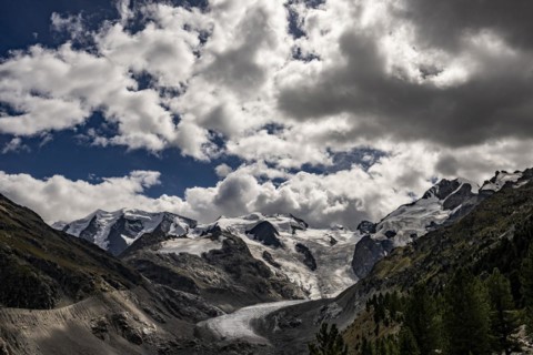 Morteratsch Glacier with Bernina Group and Cloudy Sky