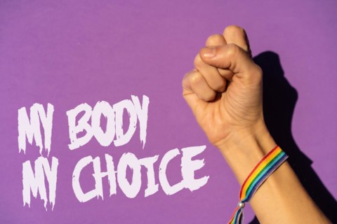 A woman with her fist raised and a text in favor of the legalization of abortion