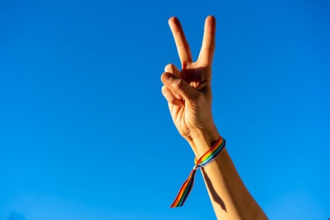 Hand of a woman with victory symbol in favor of feminism