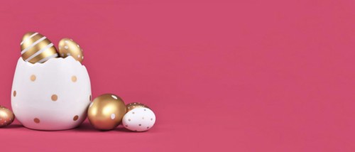 Banner with golden and white easter eggs on pink background with copy space