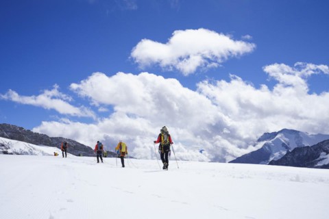 Alpine glacier hikers hiking on Aletsch Glacier in the Swiss alps