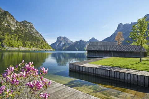 Boathouse on the lake with magnolias