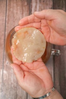 A woman holds in her hands a kombucha mushroom