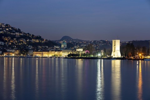 Lake basin with war memorial and cathedral