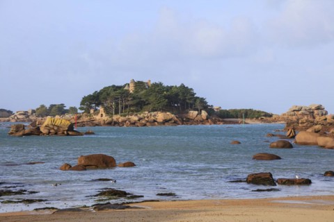 View from the beach Plage Saint Guirec to the Chateau de Costaeres