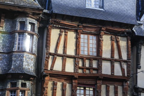 Half-timbered houses clad in slate on the Place du General Leclerc
