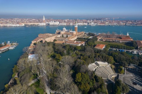 Aerial view of Isola di San Giorgio Maggiore with church San Giorgio Maggiore
