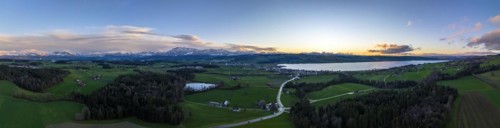 Panorama aerial view at sunset with Lake Sempach