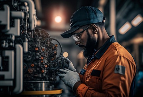 Engineer examining robotic arm machine in warehouse