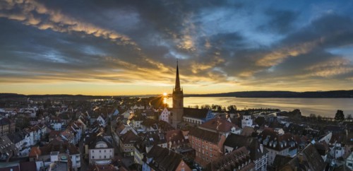 Aerial view of the town of Radolfzell on Lake Constance with the Radolfzell Minster at sunrise