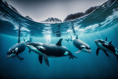 Photography group of orcas swimming in the ocean