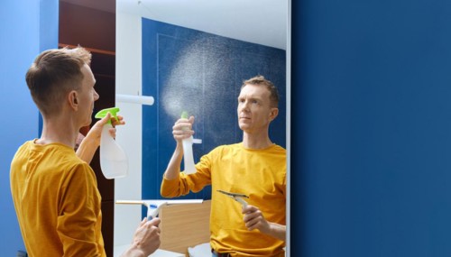 Middle-aged man spraying cleaning liquid on mirror at home to clean it