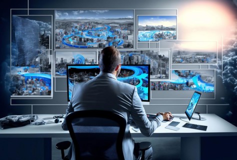 Businessman working on digital display at office