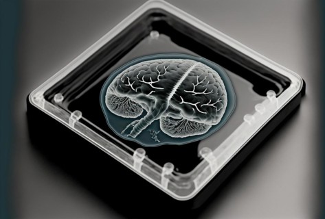 Medical sample inside microplate with image of human brain