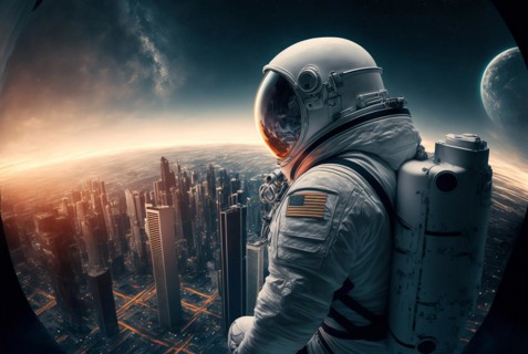 Photography astronaut in skyscraper city