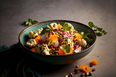 Studio shot of bowl of cauliflower salad with apricot