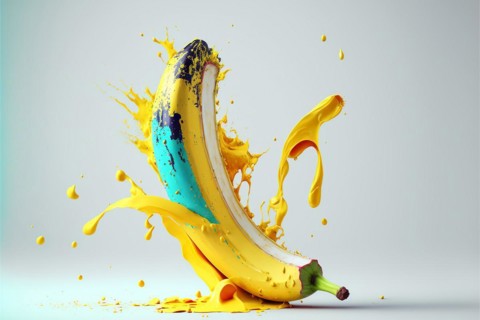 Peeled banana with colored splashes