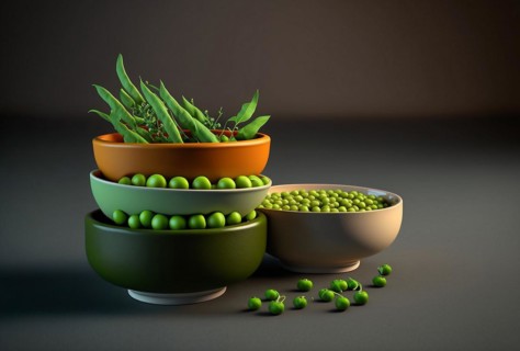 Composition of soup bowls and pea pods