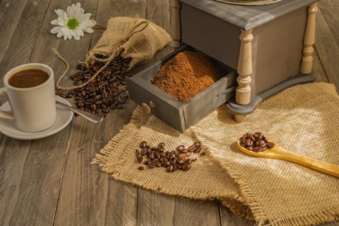 Coffee beans and ground coffee with coffee grinder and flowers