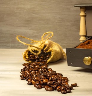 Coffee beans and ground coffee with coffee grinder and flowers