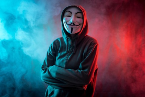 Hacker with anonymous mask with arms crossed with a menacing look
