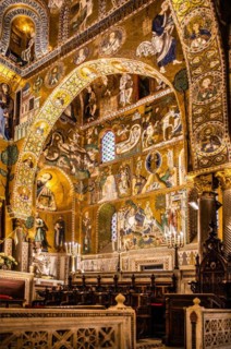 Elaborate gold mosaics with episodes from the Old and New Testatment