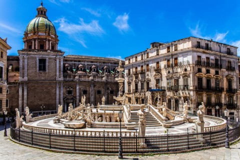Fontana Pretoria with several basins with white marble figures and statues